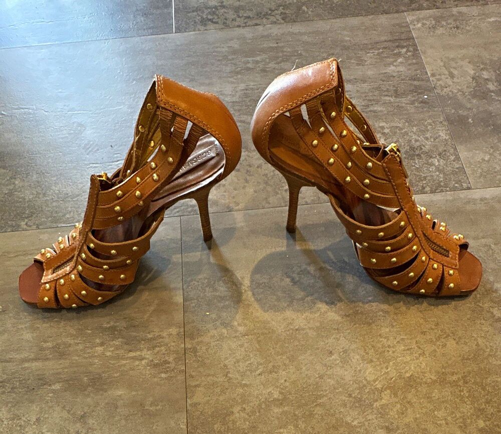 BCBG MAX AZRIA Brown Leather Studded Strappy Open Toe Zip Stiletto 8.5B